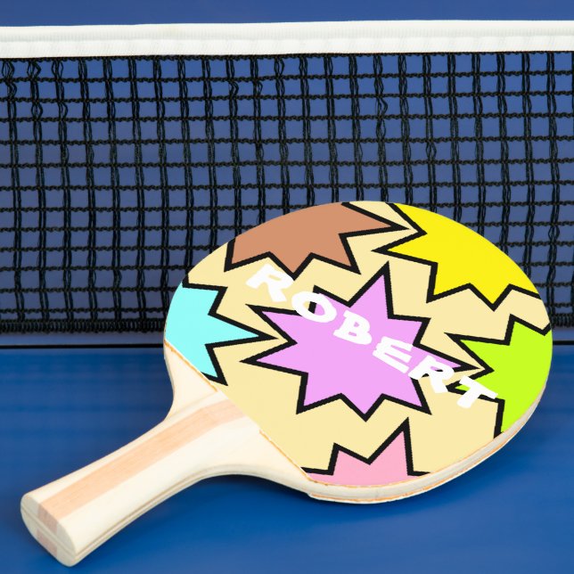 Custom Branded Colourful Comic Name Typography Ping Pong Paddle (Insitu)