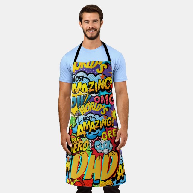 Custom Branded DAD Gift - Comic Superhero Fun Name Apron (Worn)