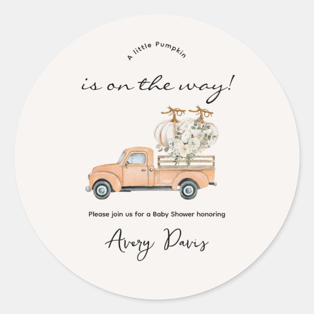Custom Branded Fall Pumpkin Baby Shower  Classic Round Sticker (Front)