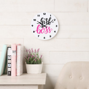 Custom Branded Girl Boss Pink Black 10.75" Round Large Clock