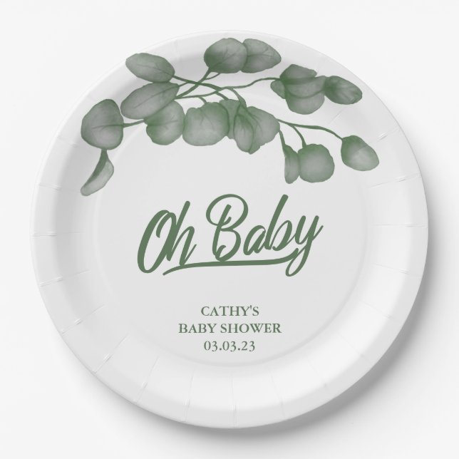 Custom Branded Greenery Oh Baby | Baby Shower  Paper Plate (Front)