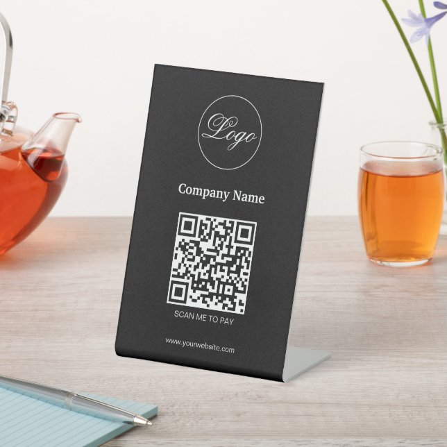 Custom Branded QR Code Payment Business Logo Black Pedestal Sign (In SItu)