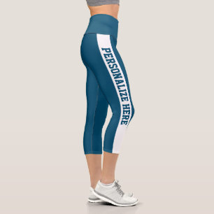 Custom Branded Striped Capri Prussian Blue & White Leggings