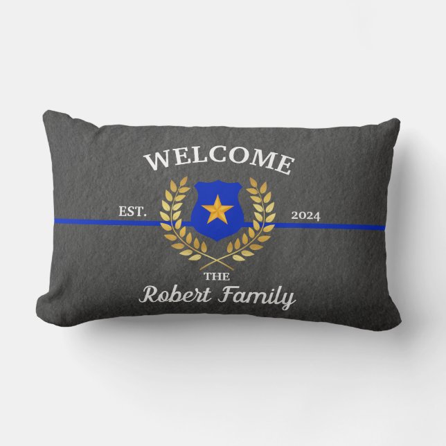 Custom Branded Thin Blue Line Police Badge Welcome Lumbar Pillow (Front)