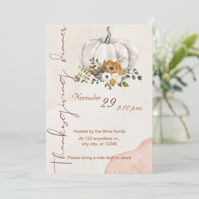  Custom Branded Watercolor Botanical Thanksgiving  Invitation (Standing Front)