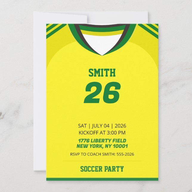 Custom Brazil Soccer Jersey Birthday Invite (Front)