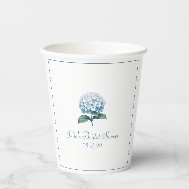 Custom Bridal Shower Chic Elegant Blue Hydrangea Paper Cups (Front)