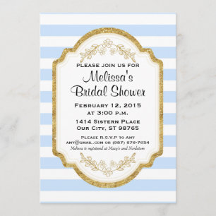 Custom Bridal Shower Invite, Blue Stripes, Gold Invitation