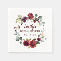 Custom Bridal Shower Napkins Maroon Flower Wreath