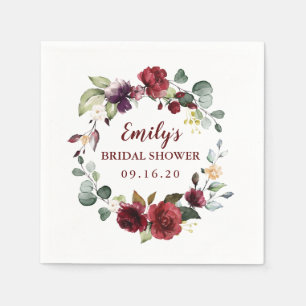 Custom Bridal Shower Napkins Maroon Flower Wreath