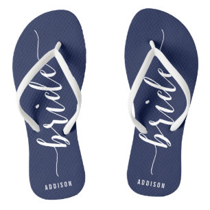 Custom Bride Navy Blue Wedding Party Flip Flops