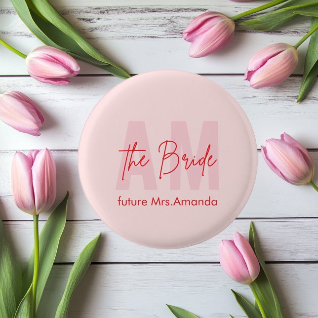 Custom Bride | Pink Monogram Future Mrs. Name 1 Inch Round Button (Creator Uploaded)