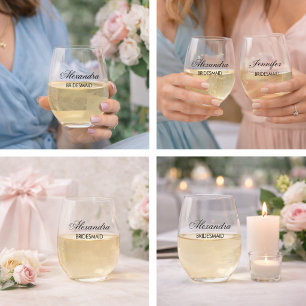 Custom Bridesmaid Elegant Script Black Minimal Stemless Wine Glass