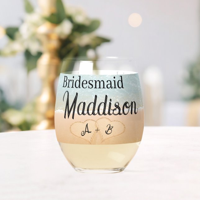 Custom Bridesmaid gift  Beach Wedding Heart Sand Stemless Wine Glass (Insitu (Wedding))
