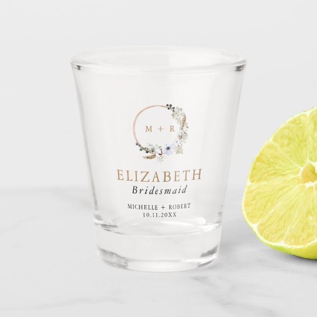 Custom Bridesmaid Gift Boho Wreath Wedding  Shot Glass (Front)