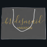 Custom Bridesmaid Name Girly Chic Gold Script Grey Large Gift Bag<br><div class="desc">Personalized Modern Girly Chic Feminine Gold Script Grey Bridesmaid Gift Bag
Customized gift bags for your event! 
A perfect touch to your wedding,  reception,  shower,  party or event.</div>