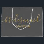 Custom Bridesmaid Name Girly Chic Gold Script Grey Large Gift Bag<br><div class="desc">Personalized Modern Girly Chic Feminine Gold Script Grey Bridesmaid Gift Bag
Customized gift bags for your event! 
A perfect touch to your wedding,  reception,  shower,  party or event.</div>