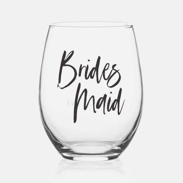 Custom Bridesmaid Name Script Font Bridal Stemless Wine Glass (Front)