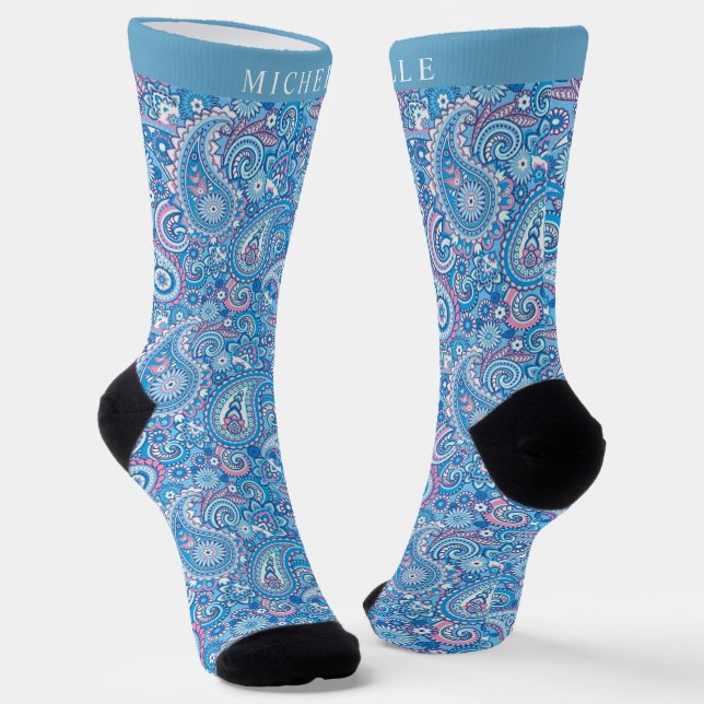 Custom Bright Blue White Pink Paisley Pattern Socks (Angled)