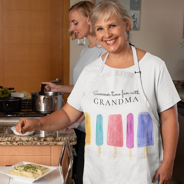 Custom bright colourful modern summer  apron (fun modern five popsicals with the saying summer time fun with grandma , all text fully customizable)
