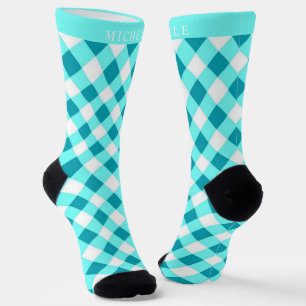 Custom Bright Dark Teal Blue White Chequered  Socks