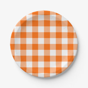 Custom Bright Orange Gingham Paper Plate