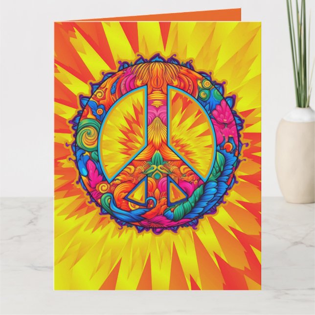 Custom Bright Orange Yellow Tie Dye Peace Sign Card (Front)