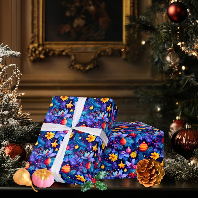 Custom Bright Ornaments and Floral Christmas Wrap Wrapping Paper (Creator Uploaded)
