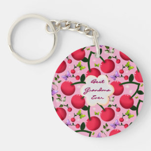 Custom Bright Pink Floral Cherry Pattern gift Keychain