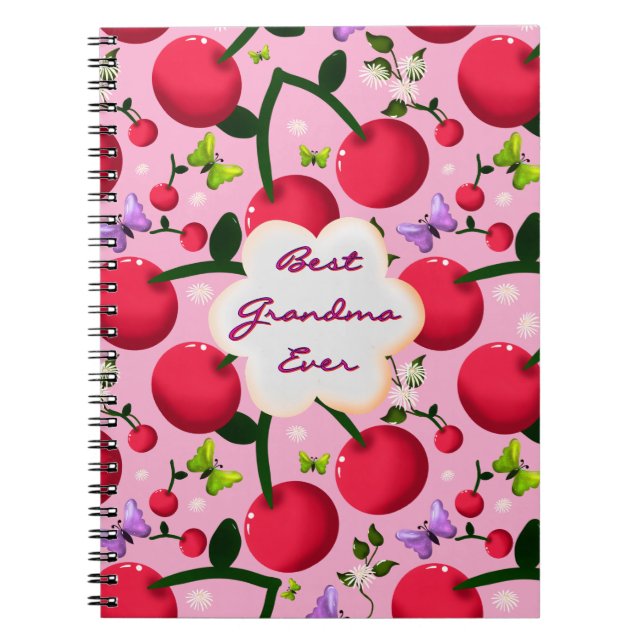 Custom Bright Pink Floral Cherry Pattern gift Notebook (Front)