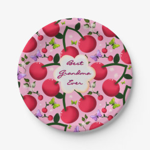 Custom Bright Pink Floral Cherry Pattern gift Paper Plate