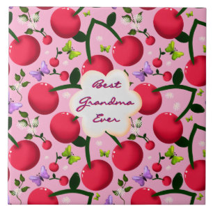 Custom Bright Pink Floral Cherry Pattern gift Tile