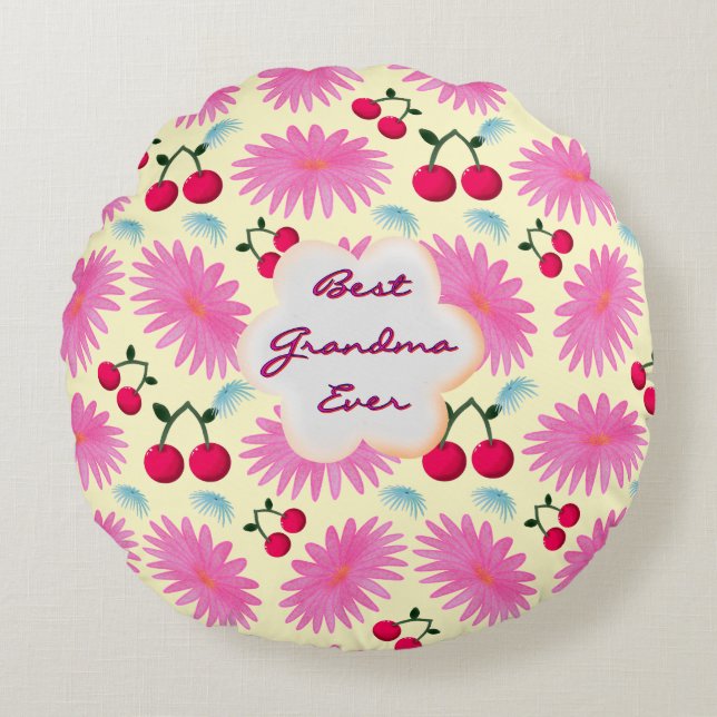 Custom Bright Pink Floral Cherry Pattern  Round Pillow (Front)