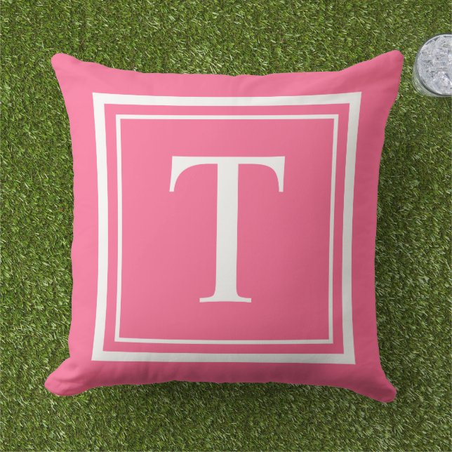 Custom Bright Pink Square Monogram Initial Letter  Outdoor Pillow (Grass)