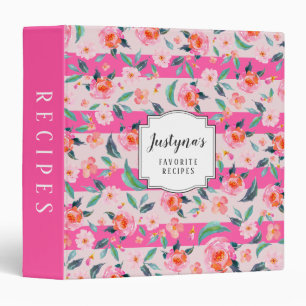 Custom Bright Pink Stripes Floral Pattern Recipe Binder
