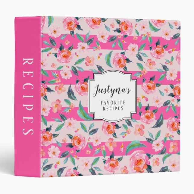 Custom Bright Pink Stripes Floral Pattern Recipe Binder (Front/Spine)