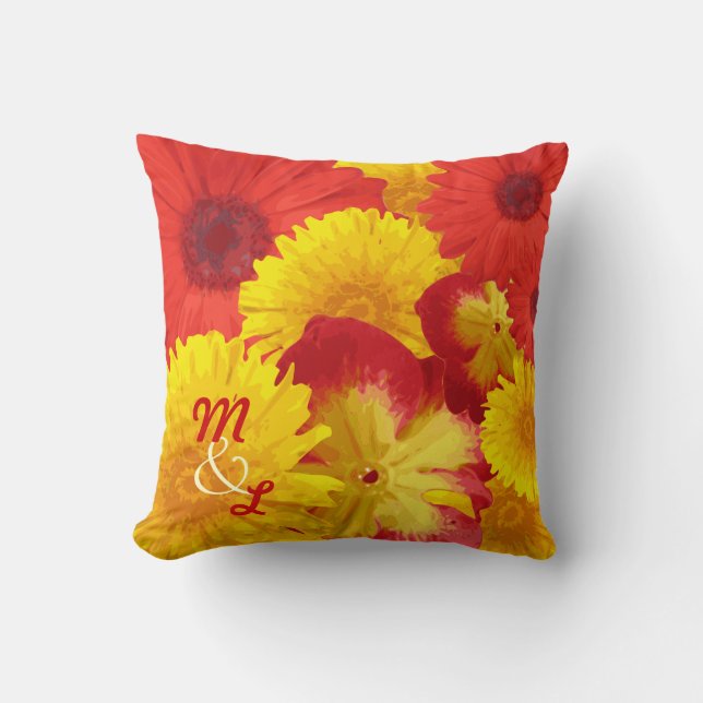 Custom Bright Red Daisies Yellow Chrysanthemums Throw Pillow (Front)