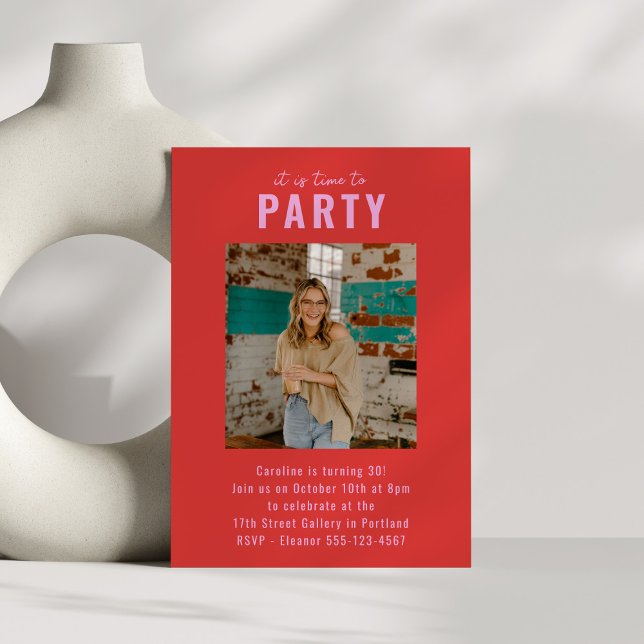 Custom Bright Red Pink Photo 30th Birthday Party Invitation (Creator Uploaded)