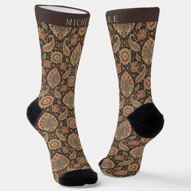 Custom Brown Peach Pink Paisley Pattern Socks (Angled)