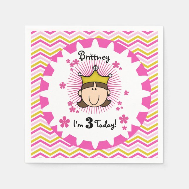 Custom Brunette Princess 3rd Birthday Paper Napkin (Front)