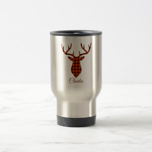 Custom Buck Head Silhouette Plaid Pattern Travel Mug