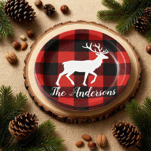 Custom Buffalo Plaid Deer Christmas Party Plates 