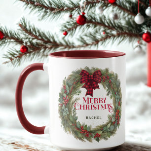 Custom Buffalo Plaid Farmhouse Christmas Wreath    Mug