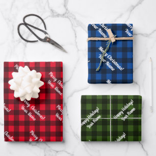 Custom buffalo plaid gingham check Merry Christmas Wrapping Paper Sheet