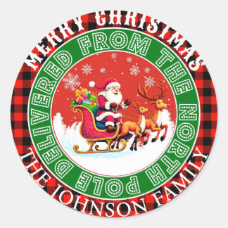 Custom buffalo red plaid Merry Christmas Santa  Classic Round Sticker