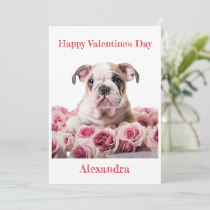 Custom Bulldog Puppy with Pink Roses Valentine Holiday Card