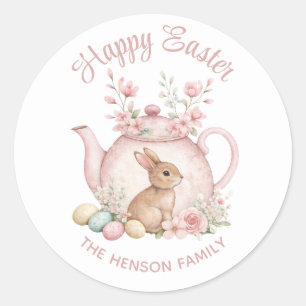 Custom Bunny & Pink Floral Teapot Happy Easter Classic Round Sticker
