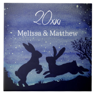 Custom Bunny Rabbit Blue Night Wedding Anniversary Tile