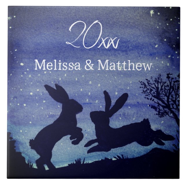 Custom Bunny Rabbit Blue Night Wedding Anniversary Tile (Front)