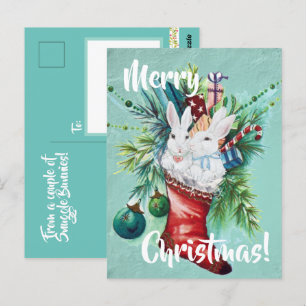 Custom Bunny Rabbit Xmas Stocking Blue Cute Couple Postcard